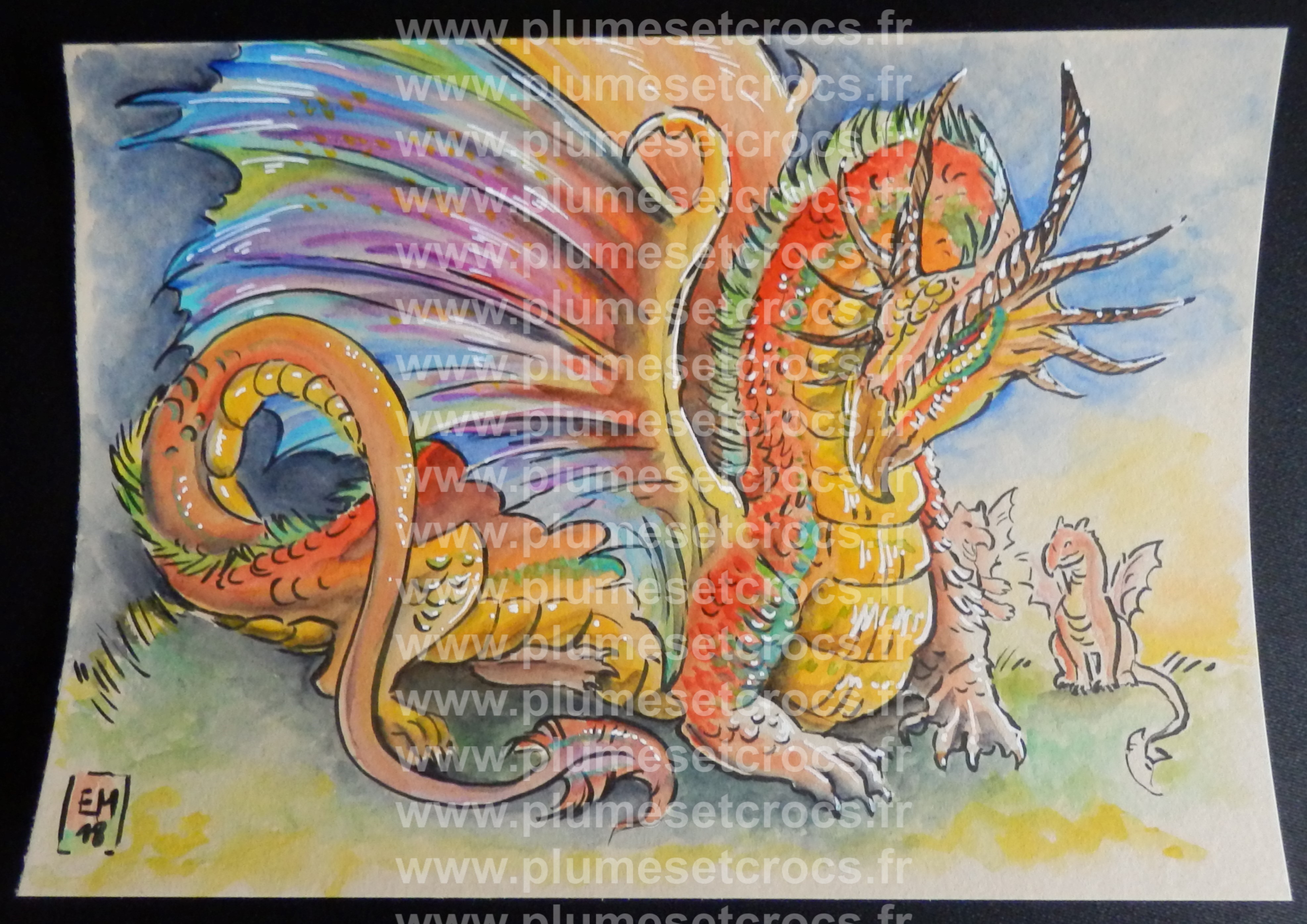  Aquarelle  originale  Dragon Vermillon 14 8x21 cm A5 